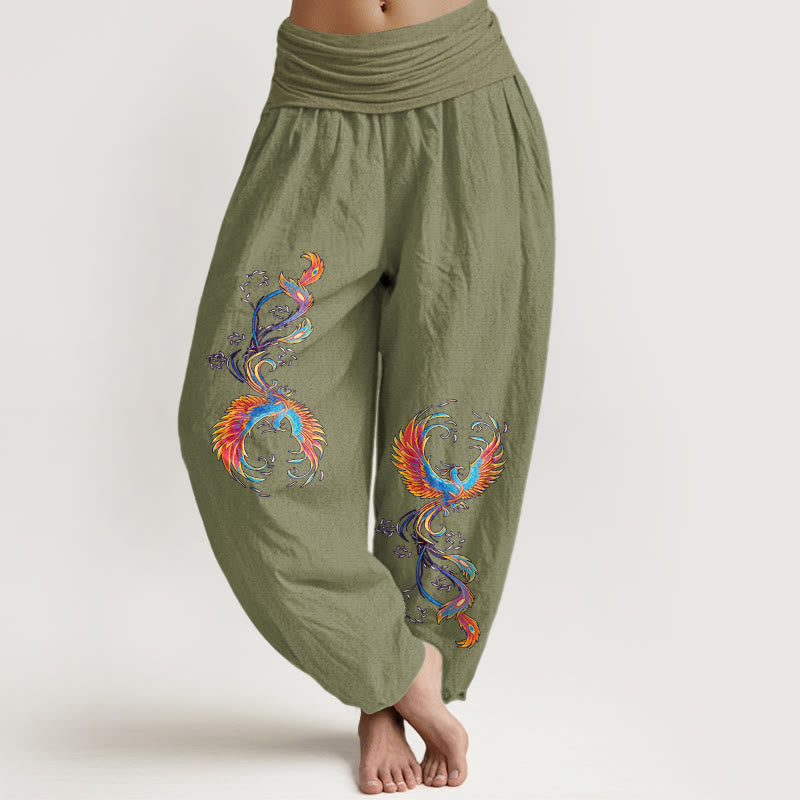 Buddha Stones Pure Cotton Gorgeous Phoenix Pattern Women's Elastic Waist Harem Pants - OliveDrab - US16，UK/AU20，EU48 (3XL) - image 14