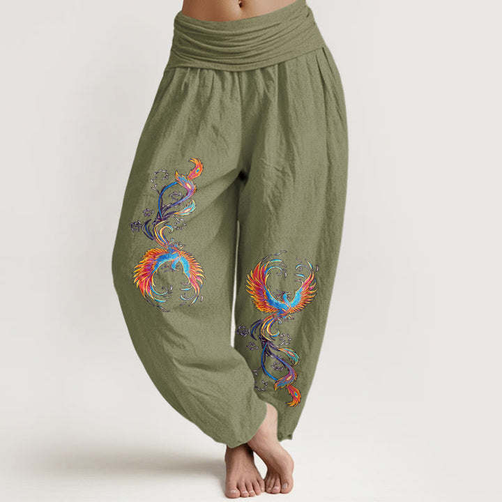 Buddha Stones Pure Cotton Gorgeous Phoenix Pattern Women's Elastic Waist Harem Pants - OliveDrab - US16，UK/AU20，EU48 (3XL) - image 14