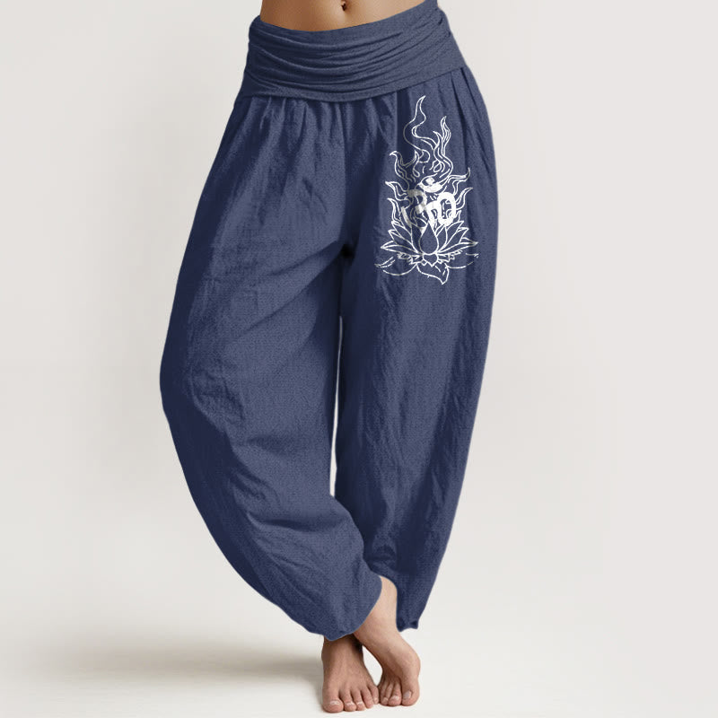 Buddha Stones Pure Cotton Minimalist Design Om Symbol Lotus Flame Pattern Women's Elastic Waist Harem Pants - DarkSlateBlue - US16，UK/AU20，EU48 (3XL) - image 0