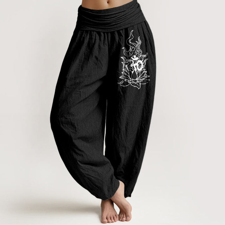 Buddha Stones Pure Cotton Minimalist Design Om Symbol Lotus Flame Pattern Women's Elastic Waist Harem Pants - Black - US16，UK/AU20，EU48 (3XL) - image 5