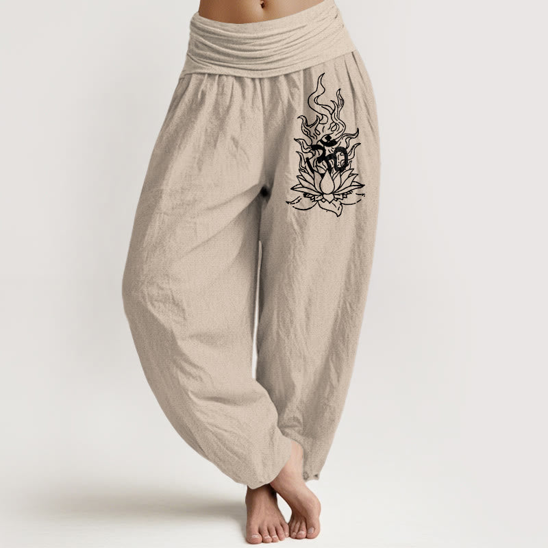 Buddha Stones Pure Cotton Minimalist Design Om Symbol Lotus Flame Pattern Women's Elastic Waist Harem Pants - image 11