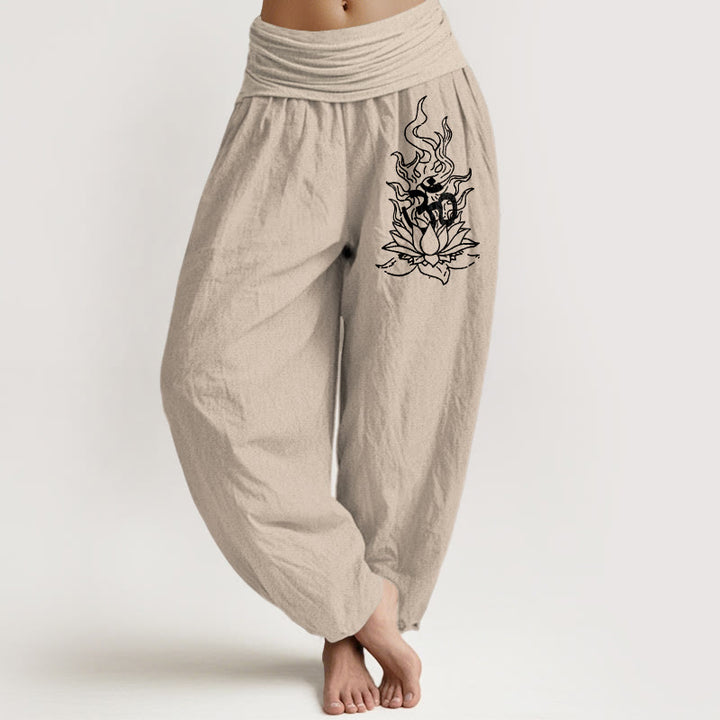 Buddha Stones Pure Cotton Minimalist Design Om Symbol Lotus Flame Pattern Women's Elastic Waist Harem Pants - image 11