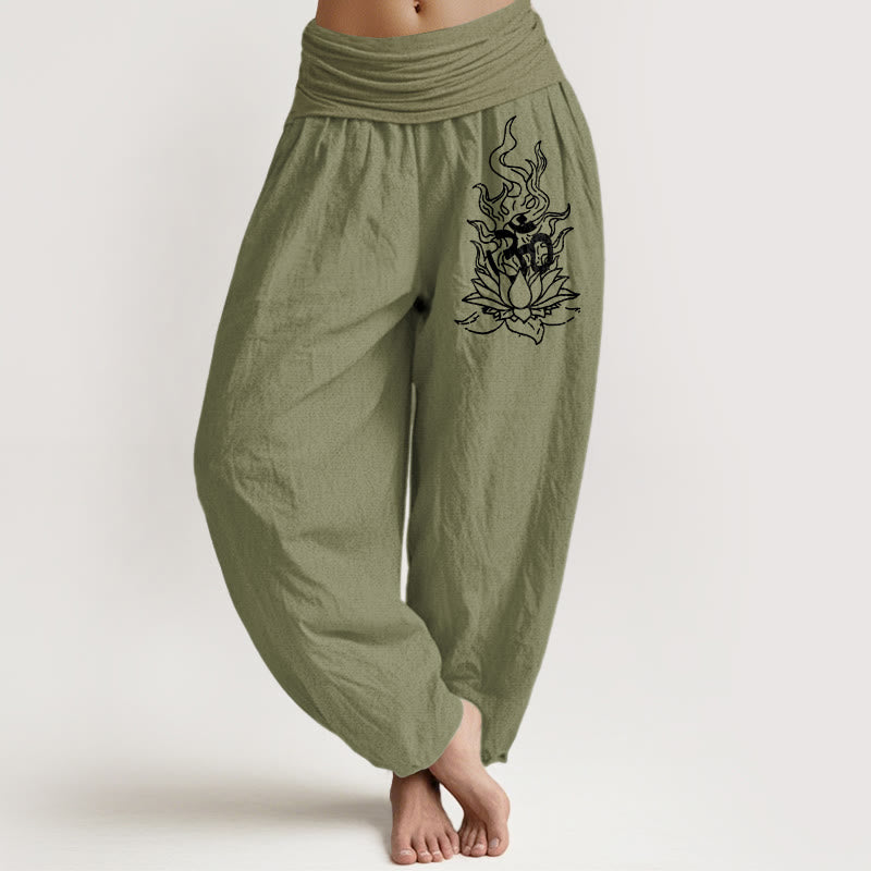 Buddha Stones Pure Cotton Minimalist Design Om Symbol Lotus Flame Pattern Women's Elastic Waist Harem Pants - image 14