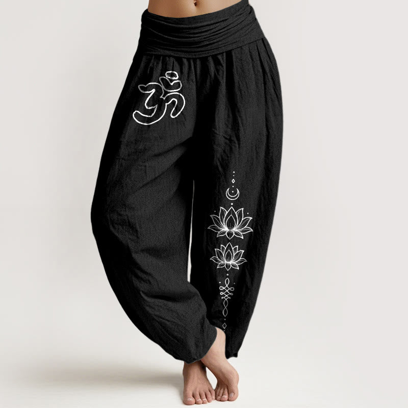Buddha Stones Pure Cotton Minimalist Design Om Symbol Lotus Moon Pattern Women's Elastic Waist Harem Pants - Black - US16，UK/AU20，EU48 (3XL) - image 0