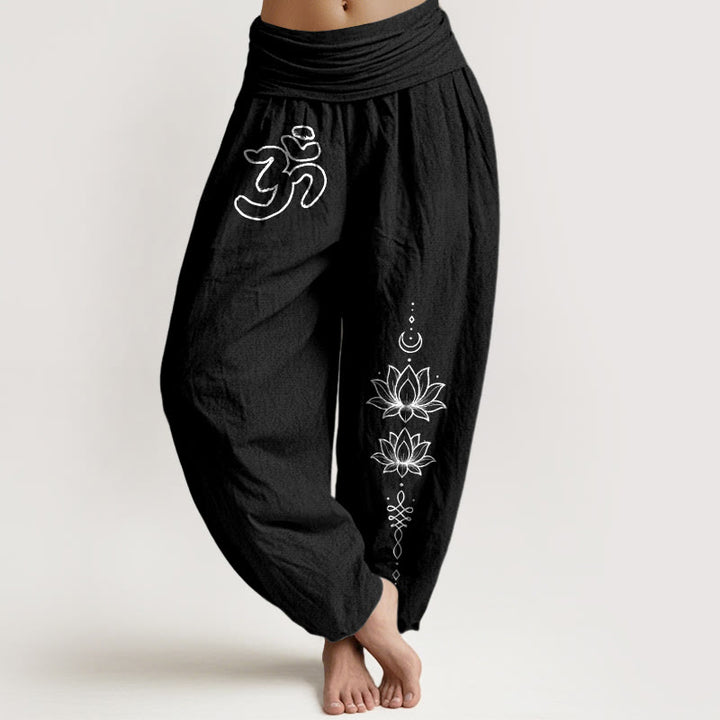 Buddha Stones Pure Cotton Minimalist Design Om Symbol Lotus Moon Pattern Women's Elastic Waist Harem Pants - Black - US16，UK/AU20，EU48 (3XL) - image 0