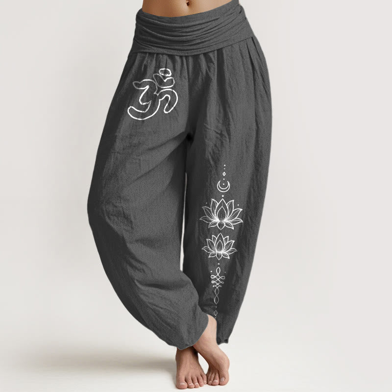 Buddha Stones Pure Cotton Minimalist Design Om Symbol Lotus Moon Pattern Women's Elastic Waist Harem Pants - DimGray - US16，UK/AU20，EU48 (3XL) - image 8