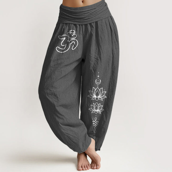 Buddha Stones Pure Cotton Minimalist Design Om Symbol Lotus Moon Pattern Women's Elastic Waist Harem Pants - DimGray - US16，UK/AU20，EU48 (3XL) - image 8