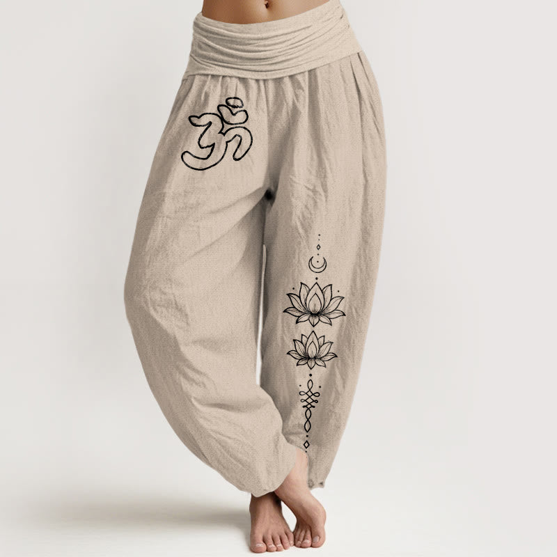 Buddha Stones Pure Cotton Minimalist Design Om Symbol Lotus Moon Pattern Women's Elastic Waist Harem Pants - Tan - US16，UK/AU20，EU48 (3XL) - image 11