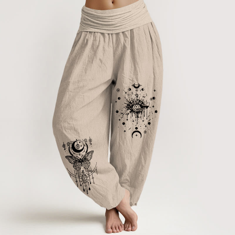 Buddha Stones Pure Cotton Minimalist Design Eye Moon Butterfly Pattern Women's Elastic Waist Harem Pants - Tan - US16，UK/AU20，EU48 (3XL) - image 11