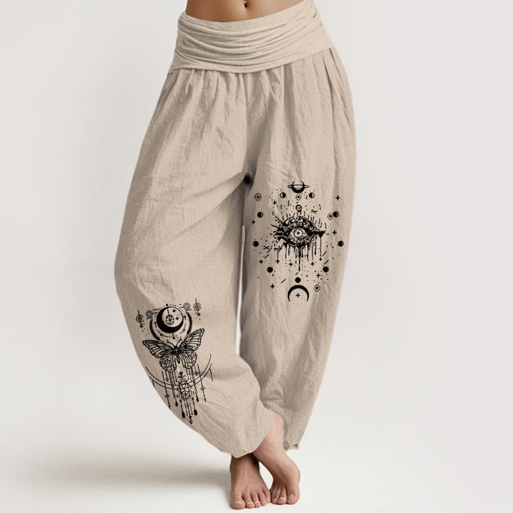 Buddha Stones Pure Cotton Minimalist Design Eye Moon Butterfly Pattern Women's Elastic Waist Harem Pants - Tan - US16，UK/AU20，EU48 (3XL) - image 11