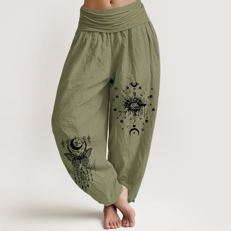 Buddha Stones Pure Cotton Minimalist Design Eye Moon Butterfly Pattern Women's Elastic Waist Harem Pants - OliveDrab - US16，UK/AU20，EU48 (3XL) - image 14