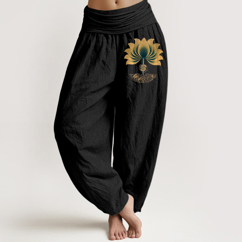 Buddha Stones Pure Cotton Harmonious Color Scheme Lotus Pattern Women's Elastic Waist Harem Pants - Black - US16，UK/AU20，EU48 (3XL) - image 0
