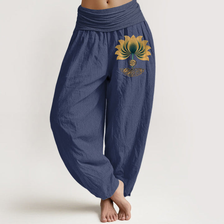 Buddha Stones Pure Cotton Harmonious Color Scheme Lotus Pattern Women's Elastic Waist Harem Pants - DarkSlateBlue - US16，UK/AU20，EU48 (3XL) - image 5