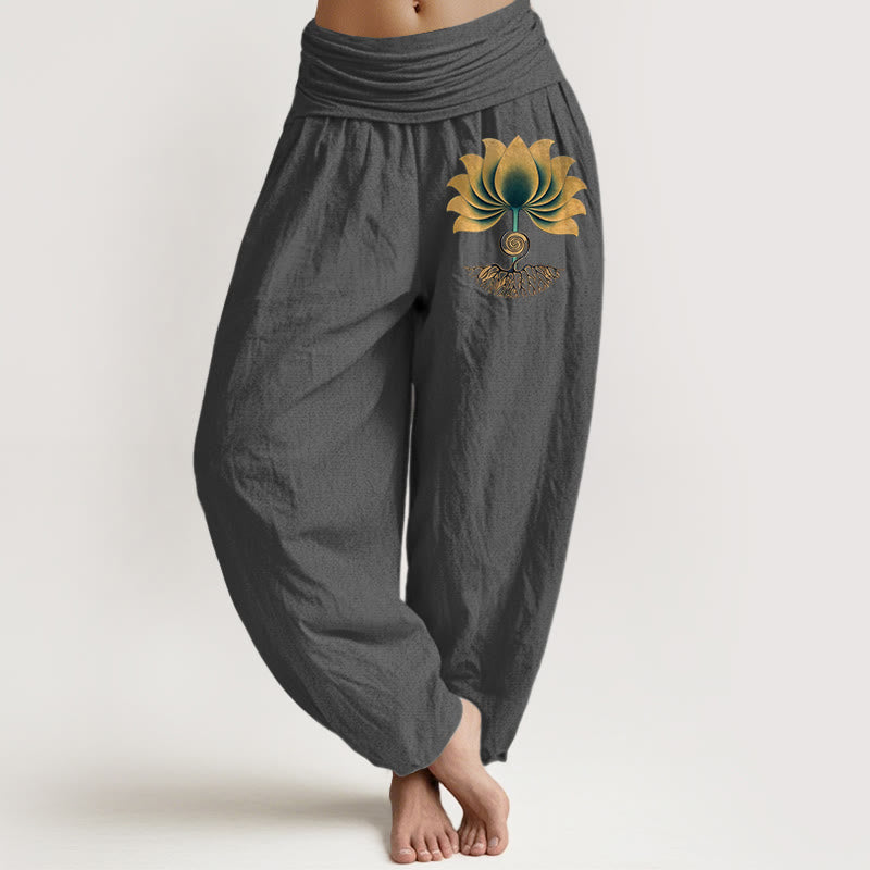 Buddha Stones Pure Cotton Harmonious Color Scheme Lotus Pattern Women's Elastic Waist Harem Pants - DimGray - US16，UK/AU20，EU48 (3XL) - image 8