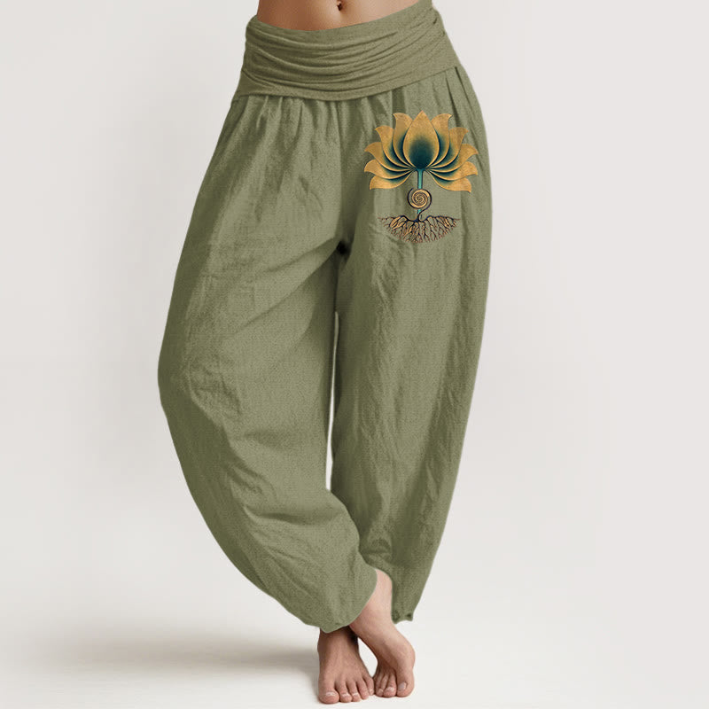 Buddha Stones Pure Cotton Harmonious Color Scheme Lotus Pattern Women's Elastic Waist Harem Pants - OliveDrab - US16，UK/AU20，EU48 (3XL) - image 14