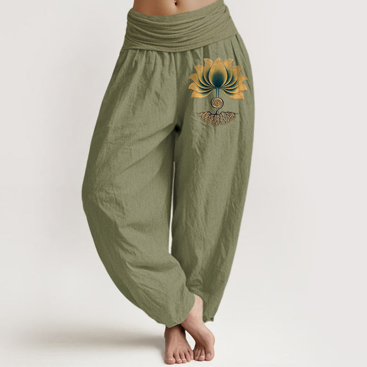 Buddha Stones Pure Cotton Harmonious Color Scheme Lotus Pattern Women's Elastic Waist Harem Pants - OliveDrab - US16，UK/AU20，EU48 (3XL) - image 14
