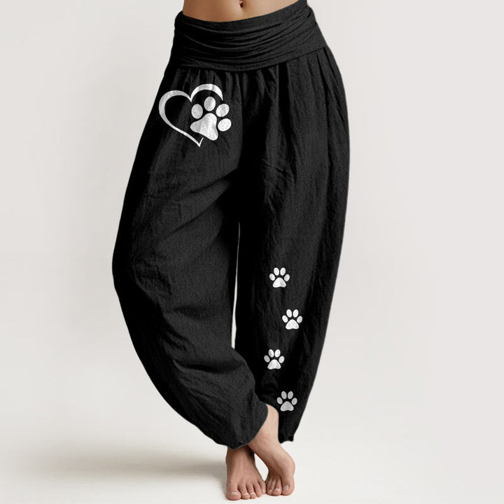 Buddha Stones Pure Cotton Concise Cat Paw Prints Heart-Shaped Pattern Women's Elastic Waist Harem Pants - Black - US16，UK/AU20，EU48 (3XL) - image 5