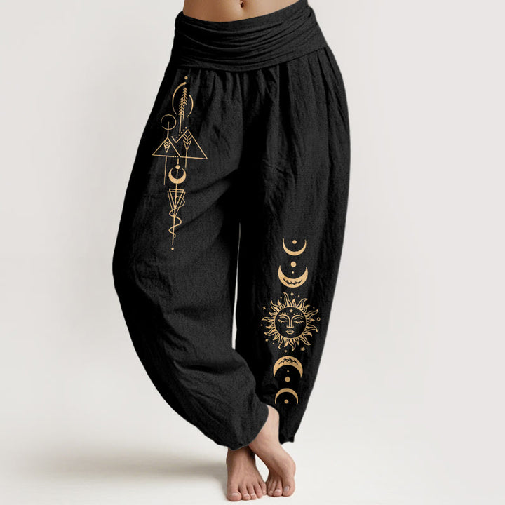 Buddha Stones Pure Cotton Concise Sun Moon Geometric Pattern Women's Elastic Waist Harem Pants - Black - US16，UK/AU20，EU48 (3XL) - image 0