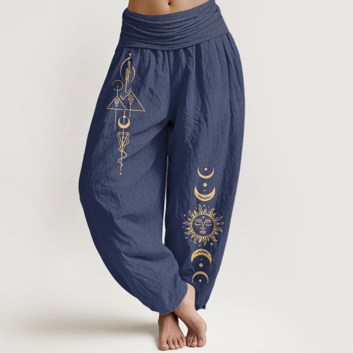 Buddha Stones Pure Cotton Concise Sun Moon Geometric Pattern Women's Elastic Waist Harem Pants - DarkSlateBlue - US16，UK/AU20，EU48 (3XL) - image 5