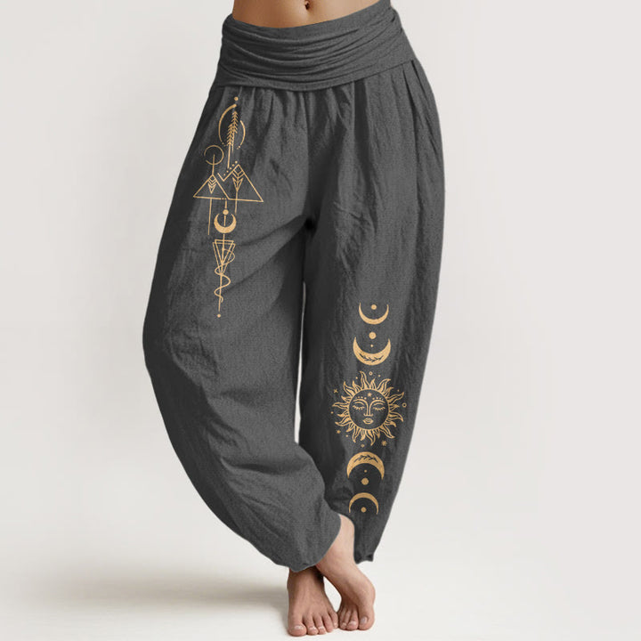 Buddha Stones Pure Cotton Concise Sun Moon Geometric Pattern Women's Elastic Waist Harem Pants - DimGray - US16，UK/AU20，EU48 (3XL) - image 8