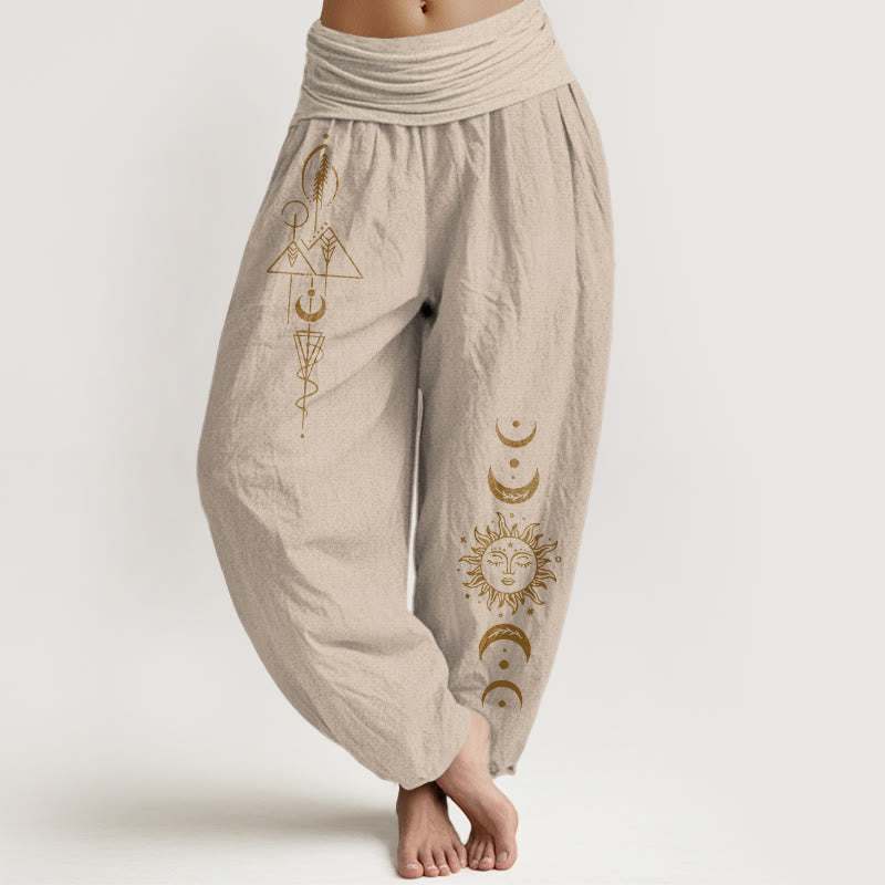 Buddha Stones Pure Cotton Concise Sun Moon Geometric Pattern Women's Elastic Waist Harem Pants - Tan - US16，UK/AU20，EU48 (3XL) - image 11