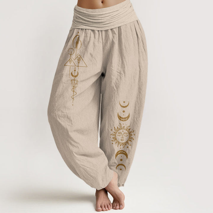 Buddha Stones Pure Cotton Concise Sun Moon Geometric Pattern Women's Elastic Waist Harem Pants - Tan - US16，UK/AU20，EU48 (3XL) - image 11