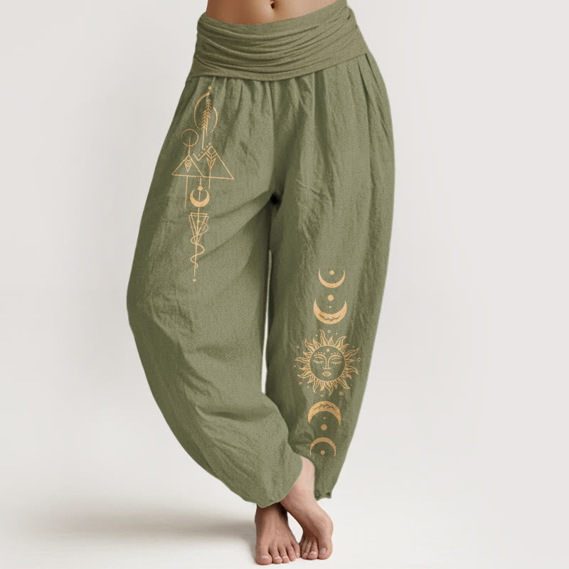 Buddha Stones Pure Cotton Concise Sun Moon Geometric Pattern Women's Elastic Waist Harem Pants - OliveDrab - US16，UK/AU20，EU48 (3XL) - image 14