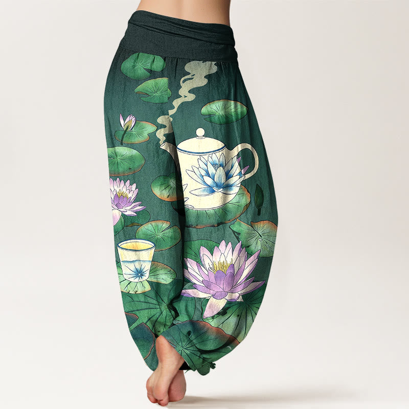 Buddha Stones Pure Cotton Fresh Teapot Cup Lotus Flower Leaf Pattern Women's Elastic Waist Harem Pants - image 1