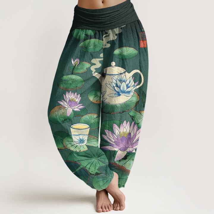 Buddha Stones Pure Cotton Fresh Teapot Cup Lotus Flower Leaf Pattern Women's Elastic Waist Harem Pants - SeaGreen - US16，UK/AU20，EU48 (3XL) - image 0