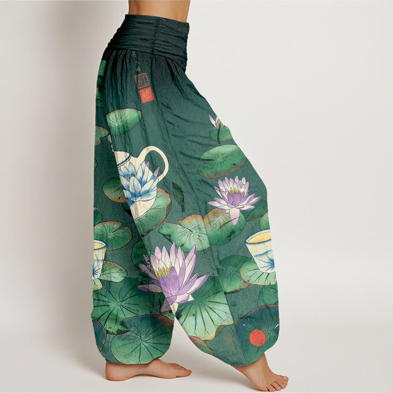Buddha Stones Pure Cotton Fresh Teapot Cup Lotus Flower Leaf Pattern Women's Elastic Waist Harem Pants - image 2