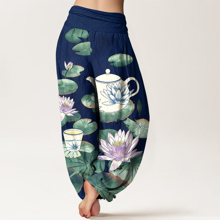 Buddha Stones Pure Cotton Fresh Teapot Cup Lotus Flower Leaf Pattern Women's Elastic Waist Harem Pants - image 6