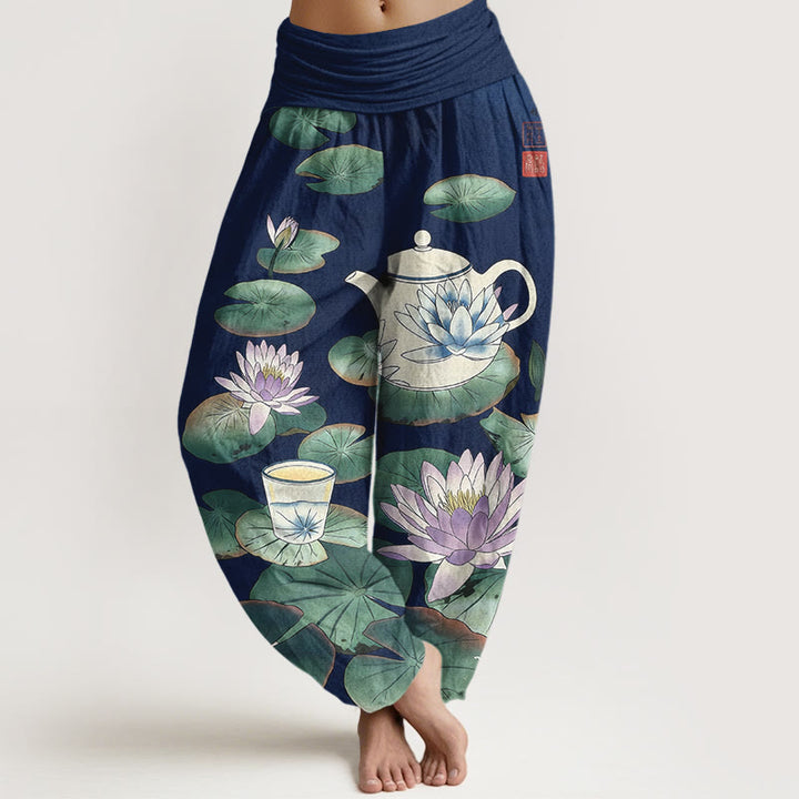 Buddha Stones Pure Cotton Fresh Teapot Cup Lotus Flower Leaf Pattern Women's Elastic Waist Harem Pants - DarkBlue - US16，UK/AU20，EU48 (3XL) - image 5