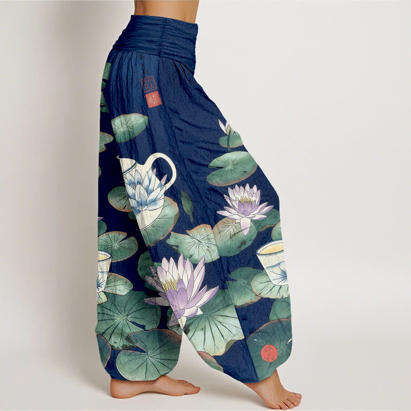 Buddha Stones Pure Cotton Fresh Teapot Cup Lotus Flower Leaf Pattern Women's Elastic Waist Harem Pants - image 7