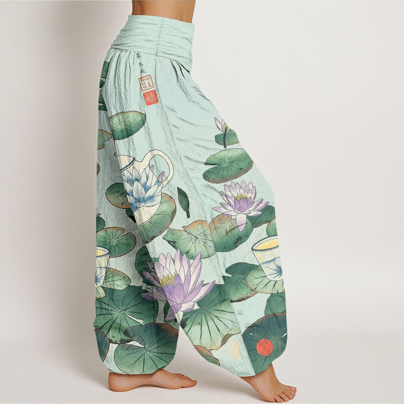 Buddha Stones Pure Cotton Fresh Teapot Cup Lotus Flower Leaf Pattern Women's Elastic Waist Harem Pants - image 10