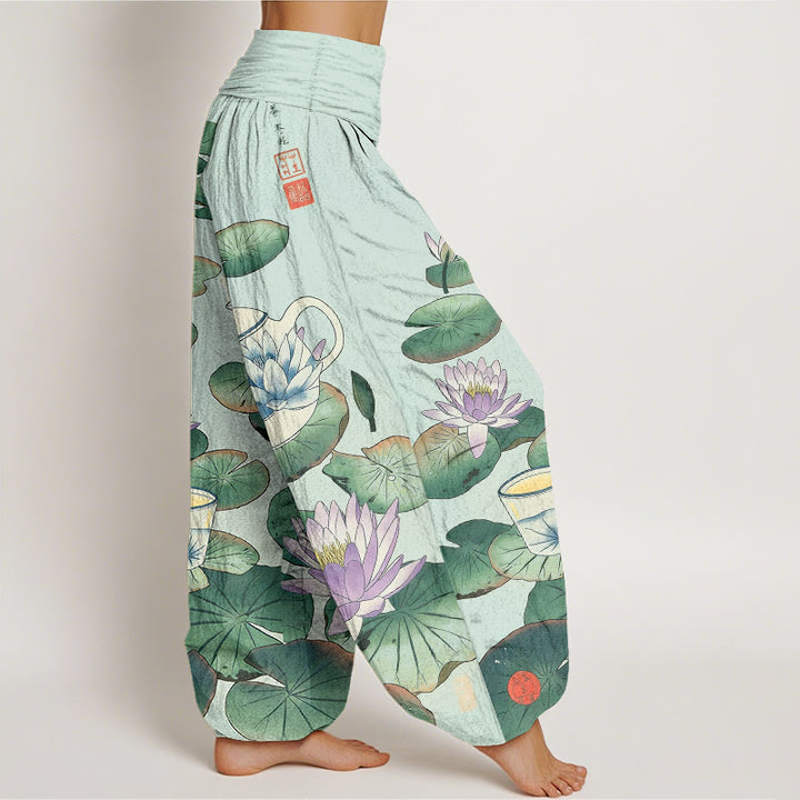 Buddha Stones Pure Cotton Fresh Teapot Cup Lotus Flower Leaf Pattern Women's Elastic Waist Harem Pants - image 10