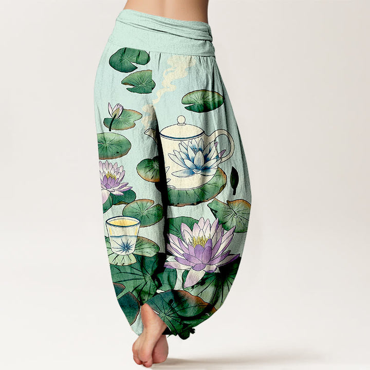 Buddha Stones Pure Cotton Fresh Teapot Cup Lotus Flower Leaf Pattern Women's Elastic Waist Harem Pants - image 9