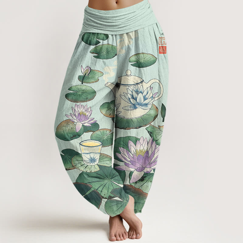Buddha Stones Pure Cotton Fresh Teapot Cup Lotus Flower Leaf Pattern Women's Elastic Waist Harem Pants - LightCyan - US16，UK/AU20，EU48 (3XL) - image 8