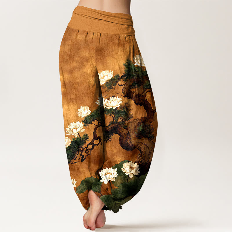 Buddha Stones Pure Cotton Elegant Pine Tree Lotus Flower Leaf Pattern Women's Elastic Waist Harem Pants - image 1
