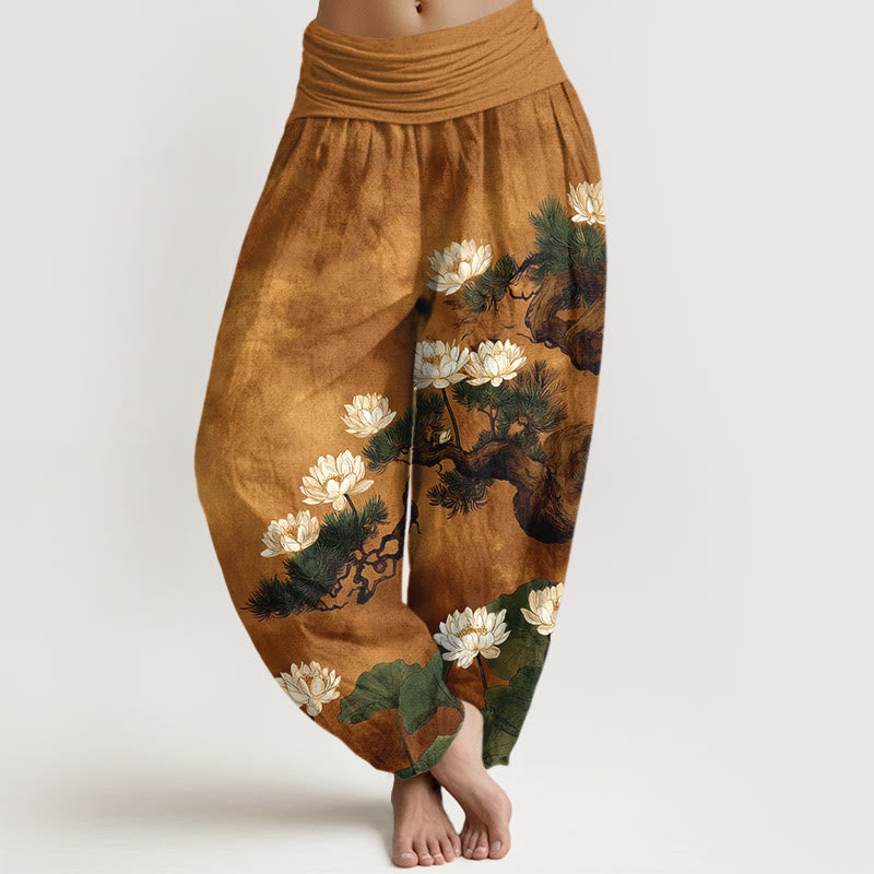 Buddha Stones Pure Cotton Elegant Pine Tree Lotus Flower Leaf Pattern Women's Elastic Waist Harem Pants - Goldenrod - US16，UK/AU20，EU48 (3XL) - image 0