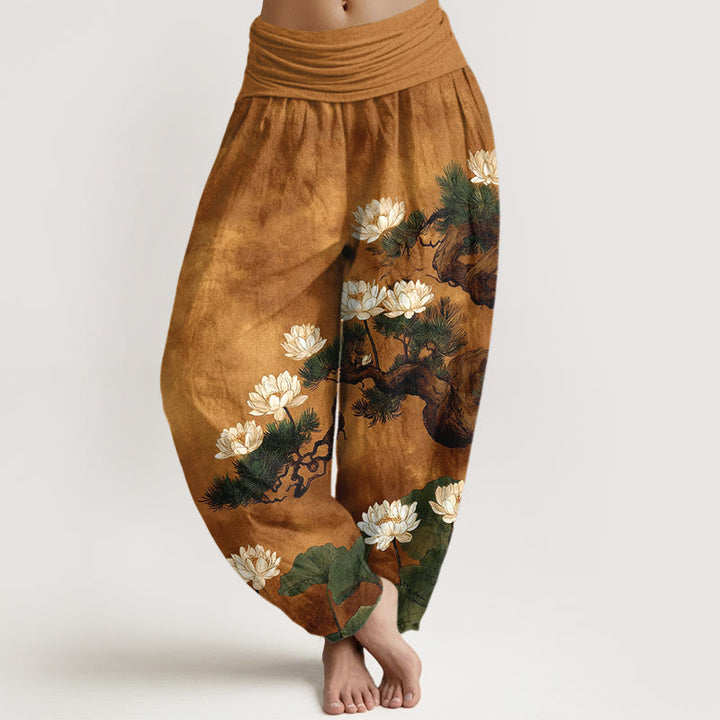 Buddha Stones Pure Cotton Elegant Pine Tree Lotus Flower Leaf Pattern Women's Elastic Waist Harem Pants - Goldenrod - US16，UK/AU20，EU48 (3XL) - image 0