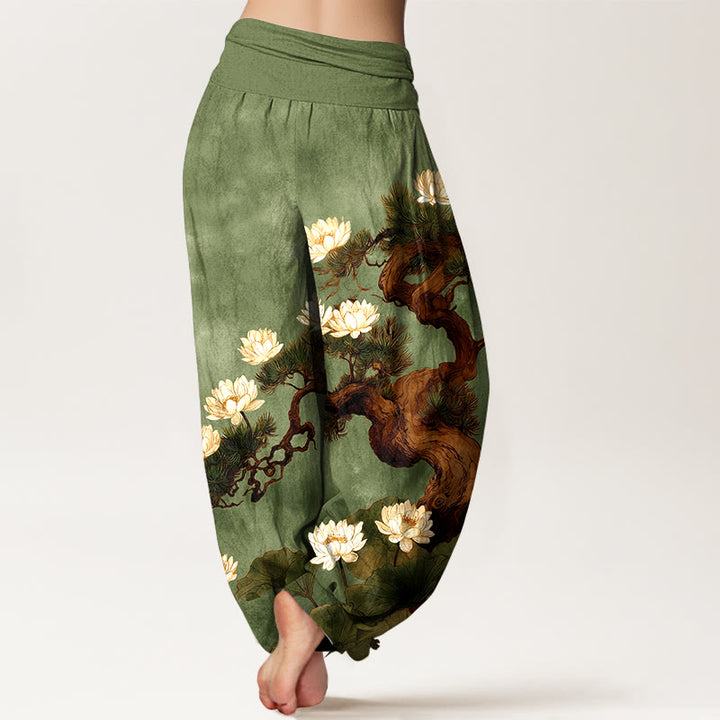 Buddha Stones Pure Cotton Elegant Pine Tree Lotus Flower Leaf Pattern Women's Elastic Waist Harem Pants - image 6