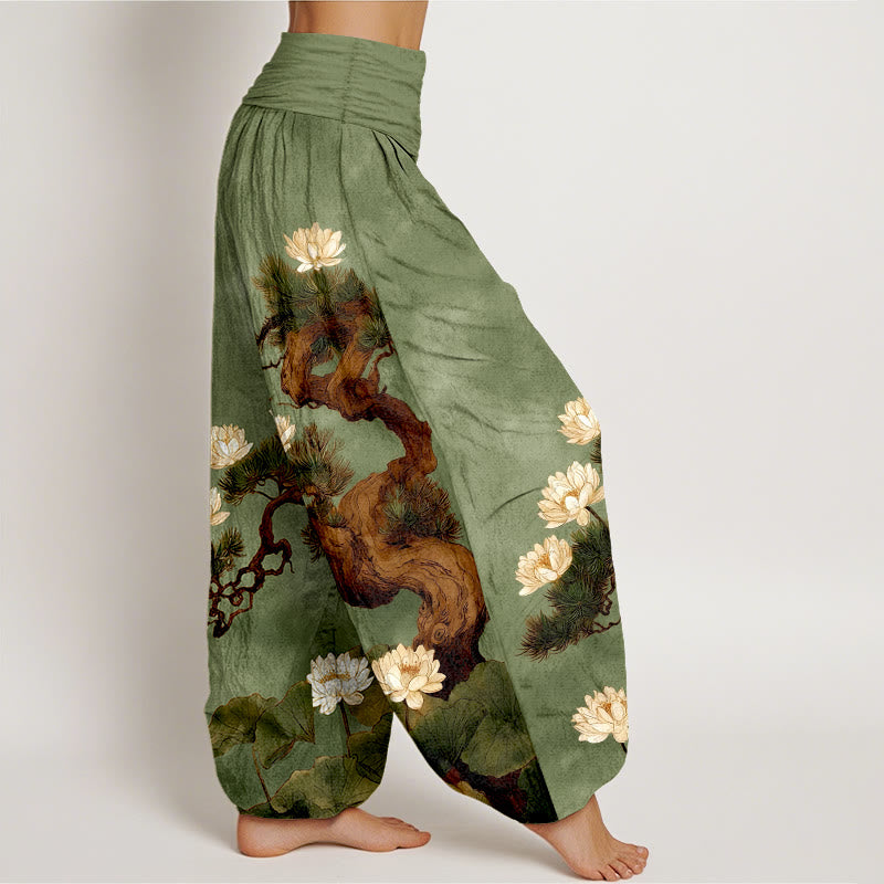 Buddha Stones Pure Cotton Elegant Pine Tree Lotus Flower Leaf Pattern Women's Elastic Waist Harem Pants - image 7