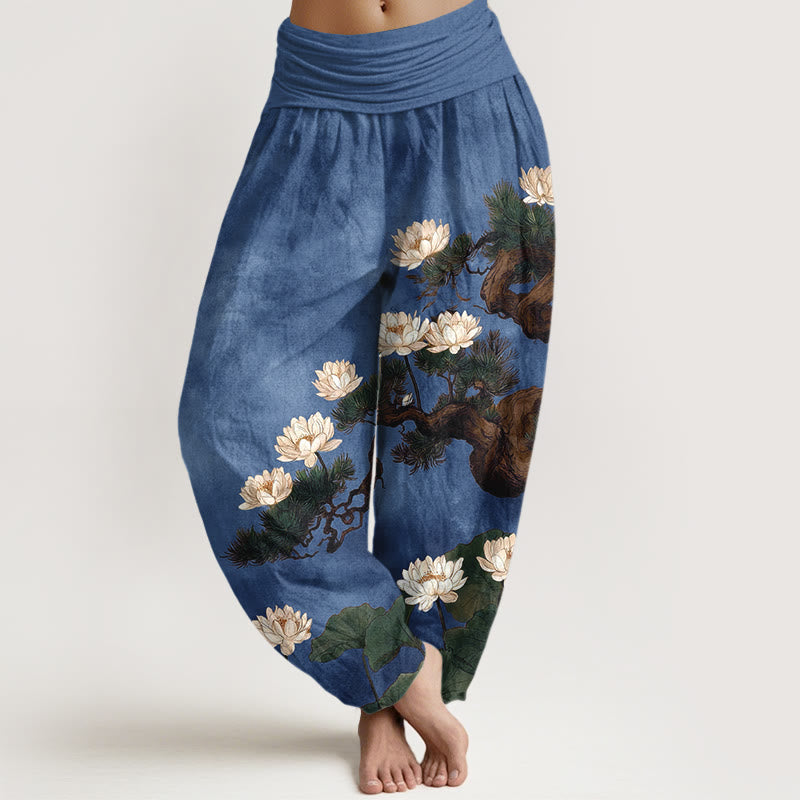 Buddha Stones Pure Cotton Elegant Pine Tree Lotus Flower Leaf Pattern Women's Elastic Waist Harem Pants - RoyalBlue - US16，UK/AU20，EU48 (3XL) - image 8