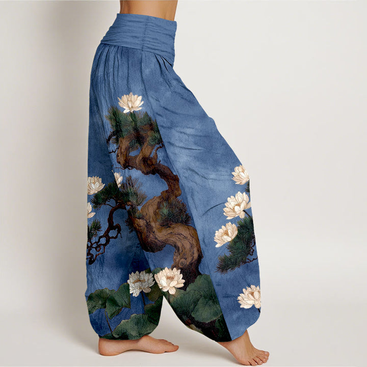 Buddha Stones Pure Cotton Elegant Pine Tree Lotus Flower Leaf Pattern Women's Elastic Waist Harem Pants - image 10