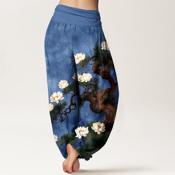 Buddha Stones Pure Cotton Elegant Pine Tree Lotus Flower Leaf Pattern Women's Elastic Waist Harem Pants - image 9