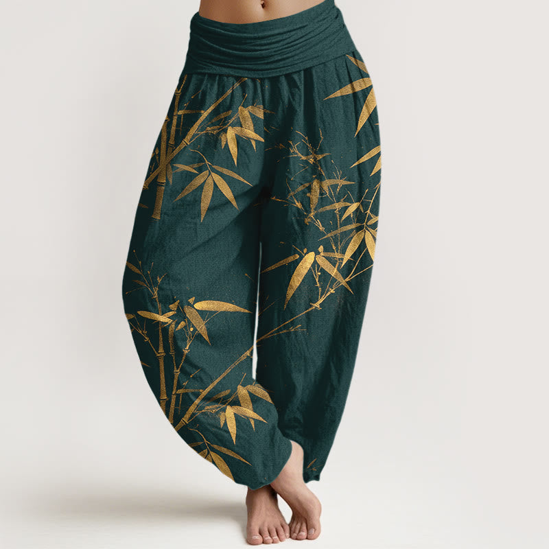 Buddha Stones Pure Cotton Classical Bamboo Pattern Women's Elastic Waist Harem Pants - Teal - US16，UK/AU20，EU48 (3XL) - image 0