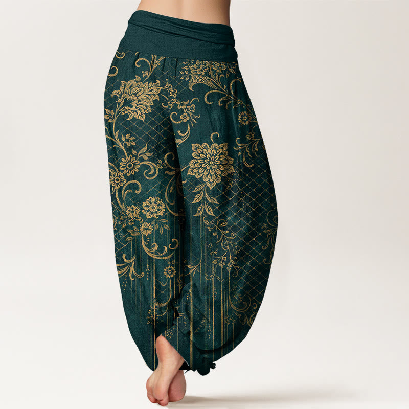 Buddha Stones Pure Cotton Classical Flower Leaf Vine Pattern Women's Elastic Waist Harem Pants - image 1