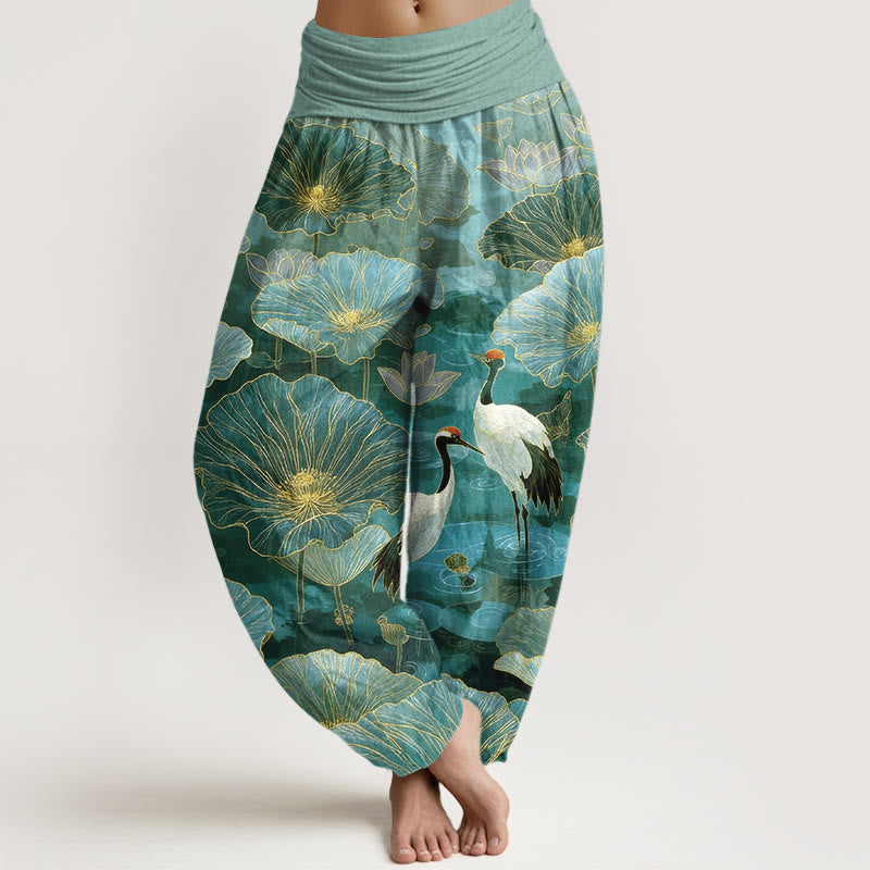 Buddha Stones Pure Cotton Elegant Crane Lotus Flower Leaf Pattern Women's Elastic Waist Harem Pants - MediumAquamarine - US16，UK/AU20，EU48 (3XL) - image 0