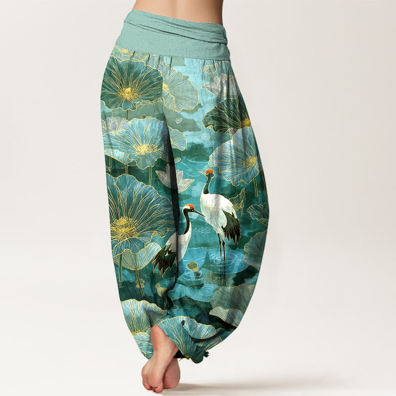 Buddha Stones Pure Cotton Elegant Crane Lotus Flower Leaf Pattern Women's Elastic Waist Harem Pants - image 1