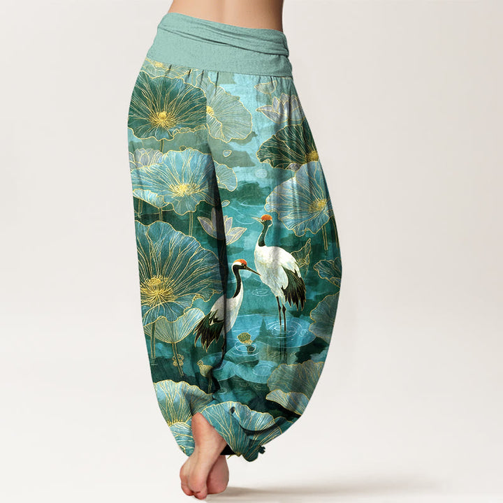 Buddha Stones Pure Cotton Elegant Crane Lotus Flower Leaf Pattern Women's Elastic Waist Harem Pants - image 1